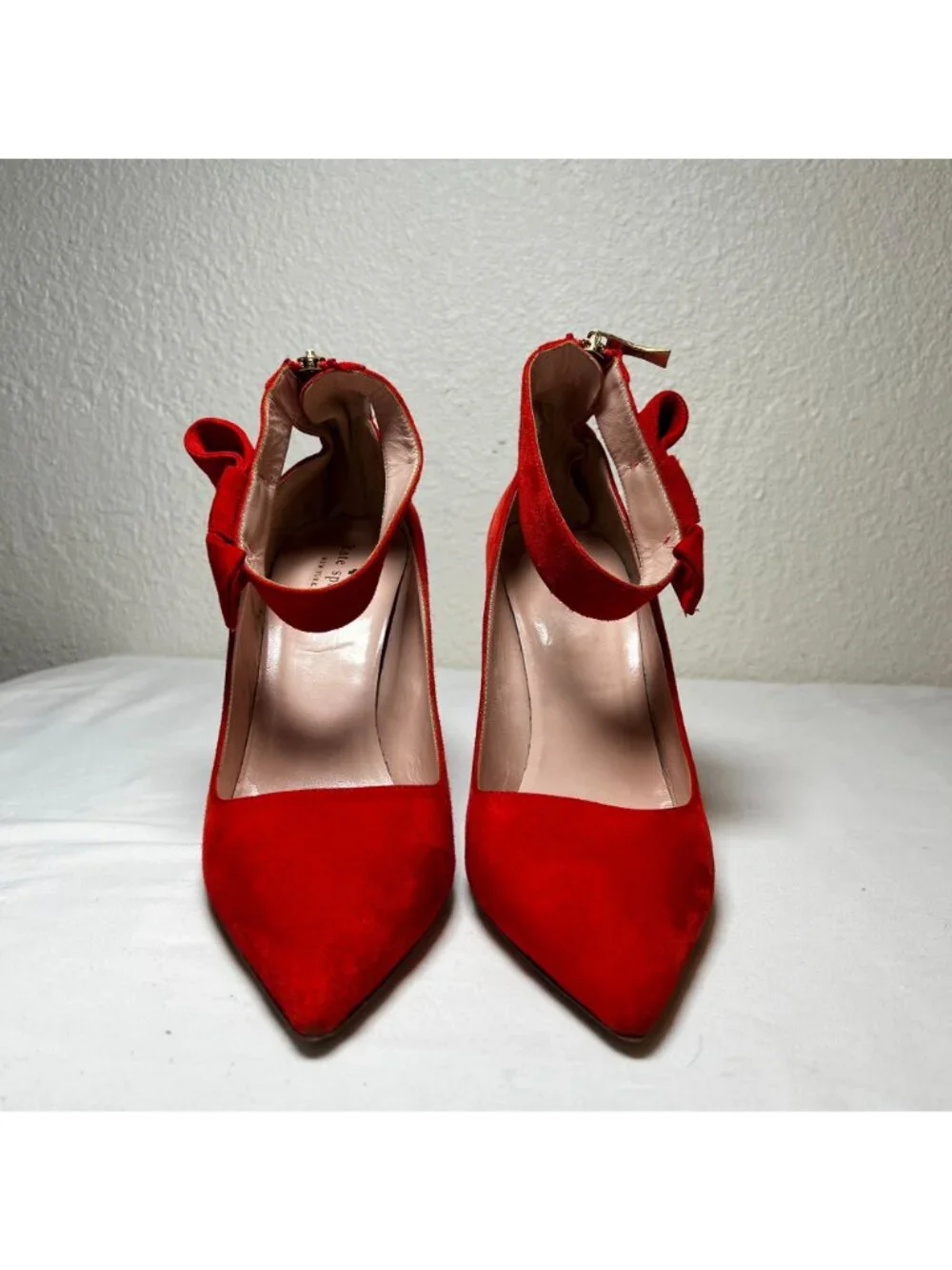 Kate Spade Levie Ankle Strap Bow Suede Stiletto Pumps Red Pointed Toe Size 10